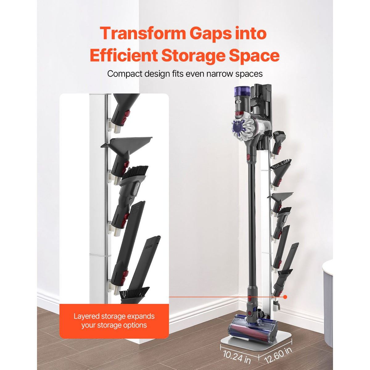 Vacuum Stand, Compatible with Dyson G5 V15 V12 V11 V10 V8 V7 V6 Series Upright Vacuums Cleaners & Accessories, Stable Vacuum Stand Holder with 6 Hooks and Non-slip Footpads, Gray
