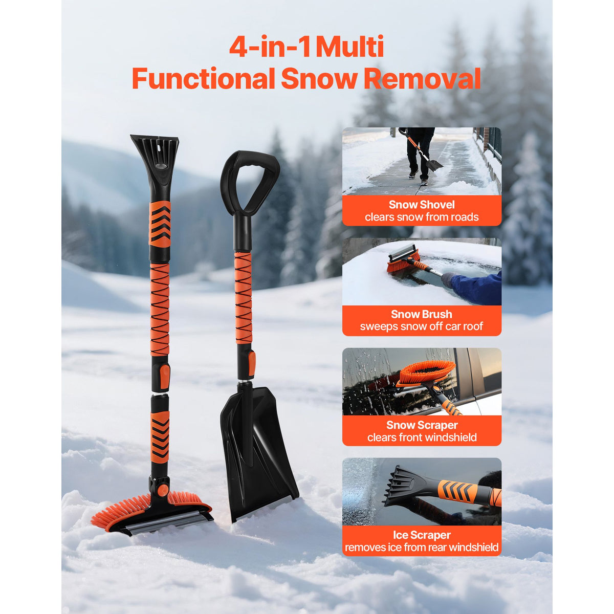 Snow Shovel and Snow Brush, 107cm Extendable Snows Broom & Ice Scraper with 180° Pivoting Brush Head, Non-Slip Grip, Portable Winter Snows Removal Tools for Cars Trucks, SUVs Vehicle