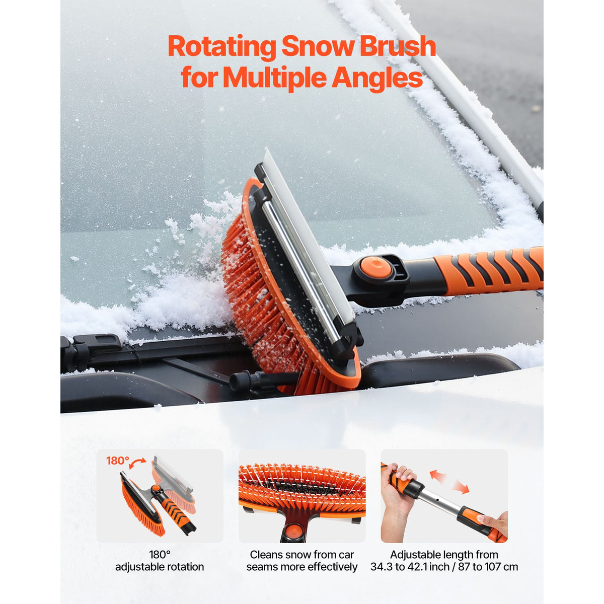 Snow Shovel and Snow Brush, 107cm Extendable Snows Broom & Ice Scraper with 180° Pivoting Brush Head, Non-Slip Grip, Portable Winter Snows Removal Tools for Cars Trucks, SUVs Vehicle