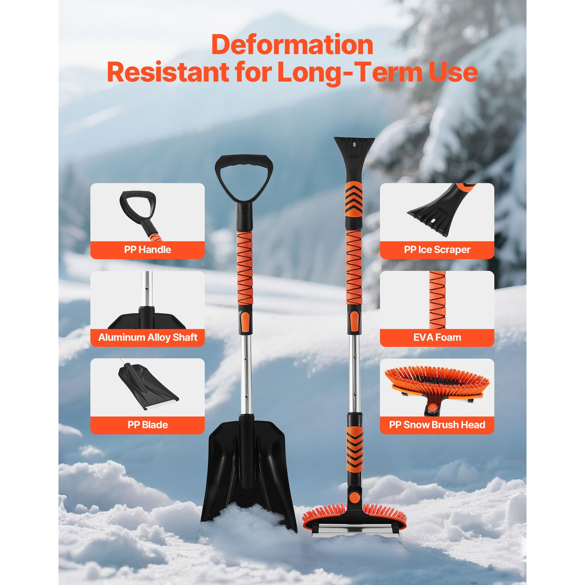 Snow Shovel and Snow Brush, 107cm Extendable Snows Broom & Ice Scraper with 180° Pivoting Brush Head, Non-Slip Grip, Portable Winter Snows Removal Tools for Cars Trucks, SUVs Vehicle