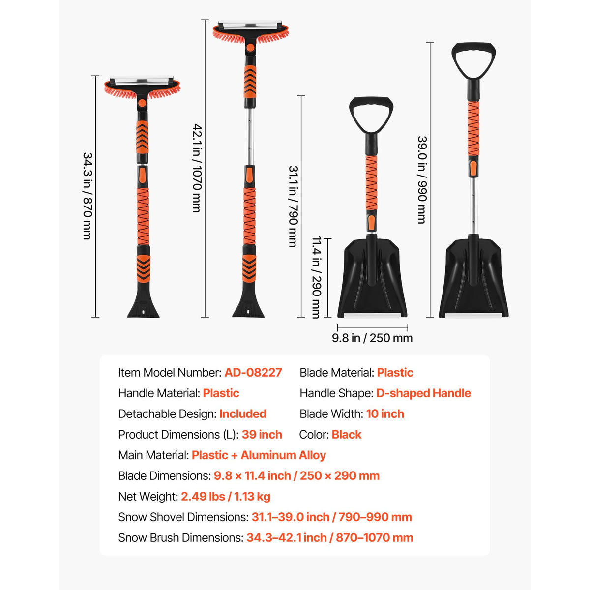 Snow Shovel and Snow Brush, 107cm Extendable Snows Broom & Ice Scraper with 180° Pivoting Brush Head, Non-Slip Grip, Portable Winter Snows Removal Tools for Cars Trucks, SUVs Vehicle