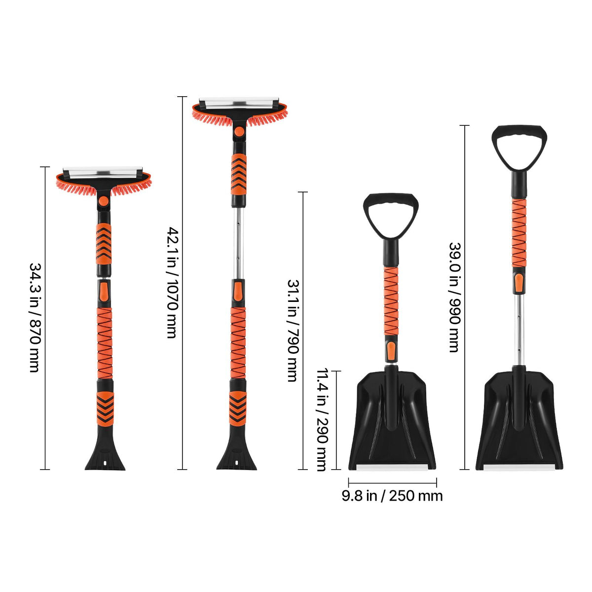 Snow Shovel and Snow Brush, 107cm Extendable Snows Broom & Ice Scraper with 180° Pivoting Brush Head, Non-Slip Grip, Portable Winter Snows Removal Tools for Cars Trucks, SUVs Vehicle