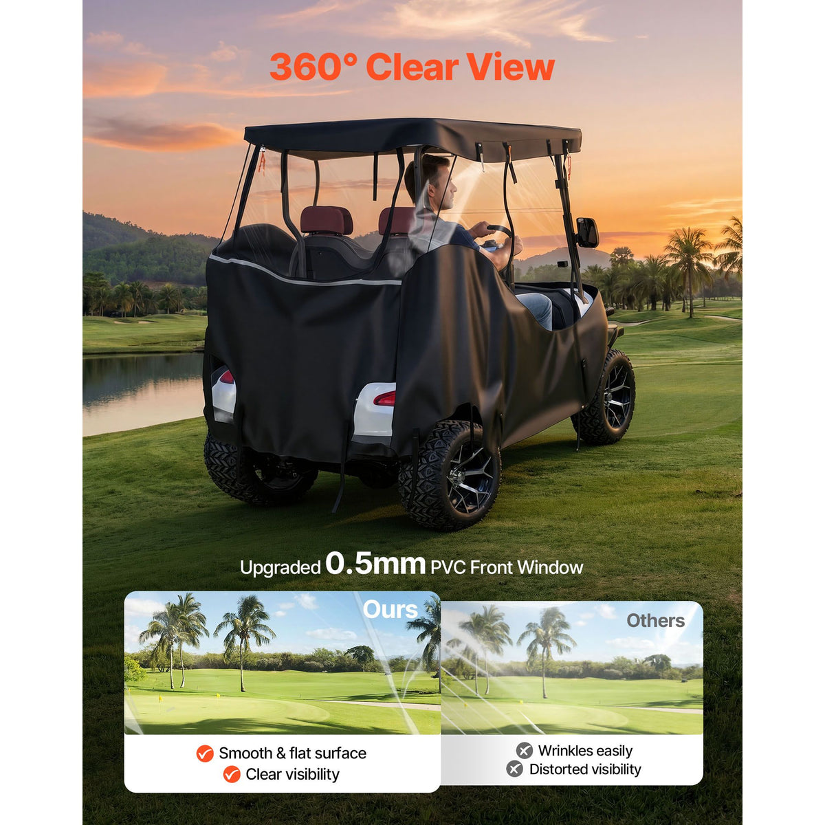Golf Cart Cover, Visible Full-Enclosure 2&2+2 Passenger Golf Cart, 600D Waterproof Oxford Fabric Club Car Cover Fits Most Carts Club Car, Yamaha, EZGO, Honda, PVC Coating & Windproof Hook Design