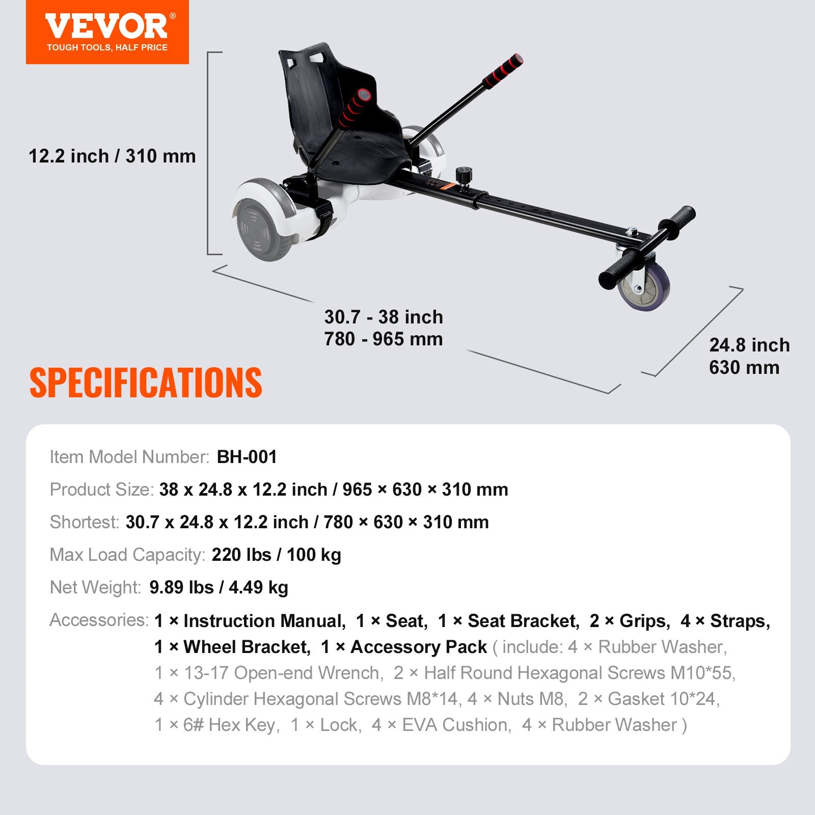 Basketball & Basketball Accessories: VEVOR Hoverboard Seat Attachment, Compatible with All 16.5cm20.3cm21.6cm25.4 Hoverboards,Grips Control,Adjustable Frame Length and 99.8 kg Load Capacity,Hover Board Go Karts Accessory,for Kids Adults