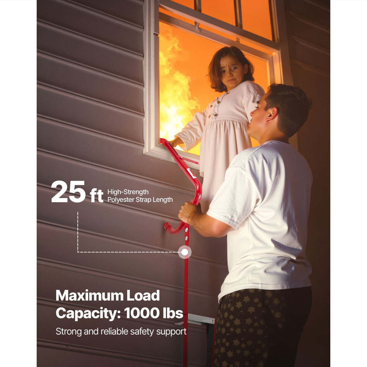 Fire Escape Ladder, 3-Story 7.62m Retractable Emergency Fire Ladder, Lightweight Aluminum Alloy Safety Escape Ladders with Sturdy Polyester Strap, Anti-Slip Rung & Wide Steps, 453KG Max Loading