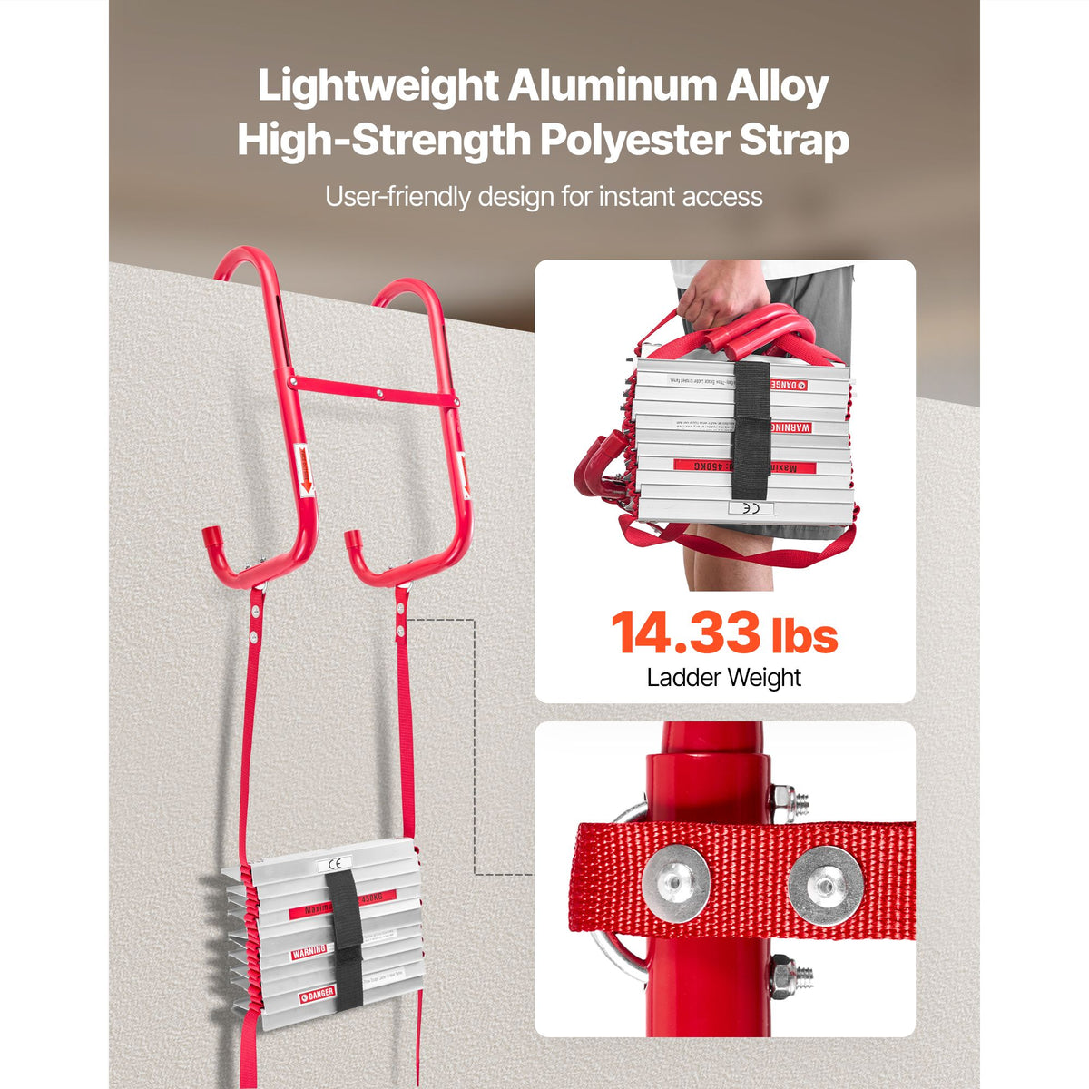 Fire Escape Ladder, 3-Story 7.62m Retractable Emergency Fire Ladder, Lightweight Aluminum Alloy Safety Escape Ladders with Sturdy Polyester Strap, Anti-Slip Rung & Wide Steps, 453KG Max Loading