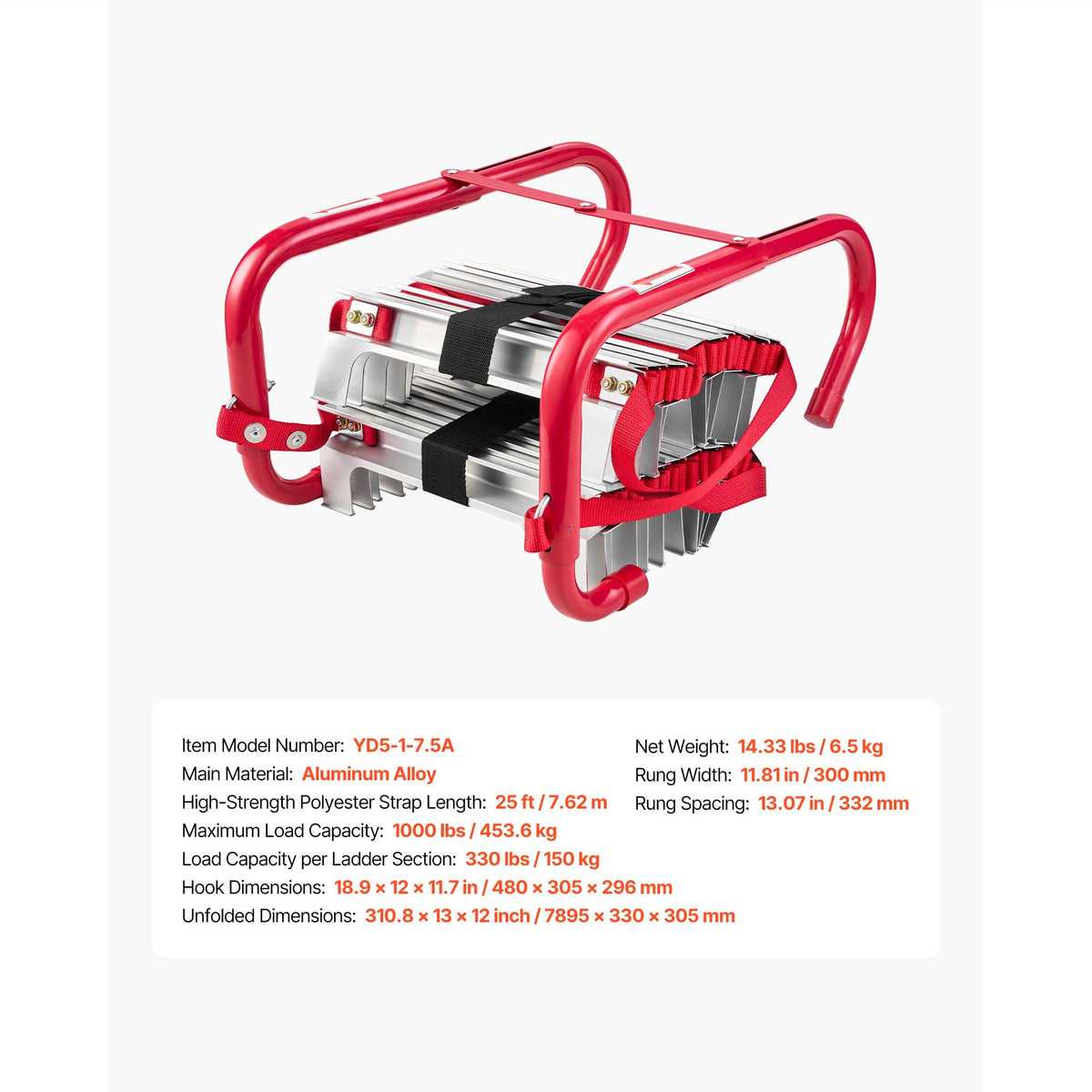 Fire Escape Ladder, 3-Story 7.62m Retractable Emergency Fire Ladder, Lightweight Aluminum Alloy Safety Escape Ladders with Sturdy Polyester Strap, Anti-Slip Rung & Wide Steps, 453KG Max Loading