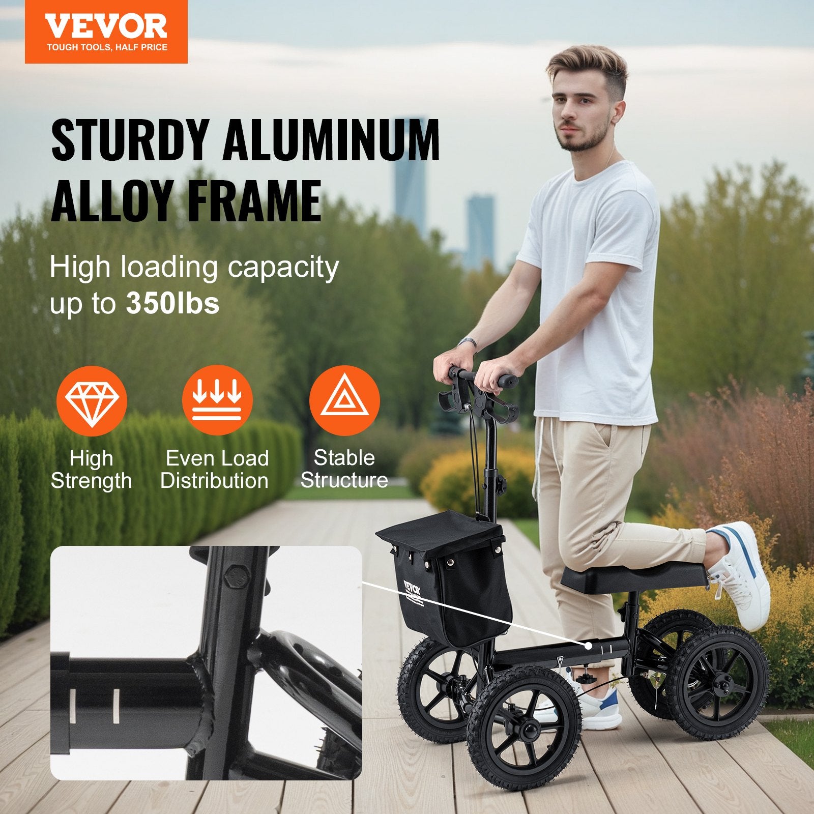 Mobility & Accessibility: VEVOR Folding Knee Scooter, Aluminum Steerable Knee Walker with Height-Adjustable Handlebar & Knee Pad, 12" All-Terrain Wheels, Dual Brakes, Leg Recovery Scooter for Broken Ankle Foot Injuries, 159KG