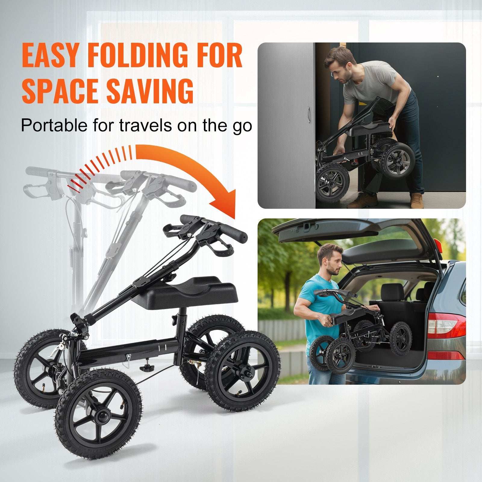 Mobility & Accessibility: VEVOR Folding Knee Scooter, Aluminum Steerable Knee Walker with Height-Adjustable Handlebar & Knee Pad, 12" All-Terrain Wheels, Dual Brakes, Leg Recovery Scooter for Broken Ankle Foot Injuries, 159KG
