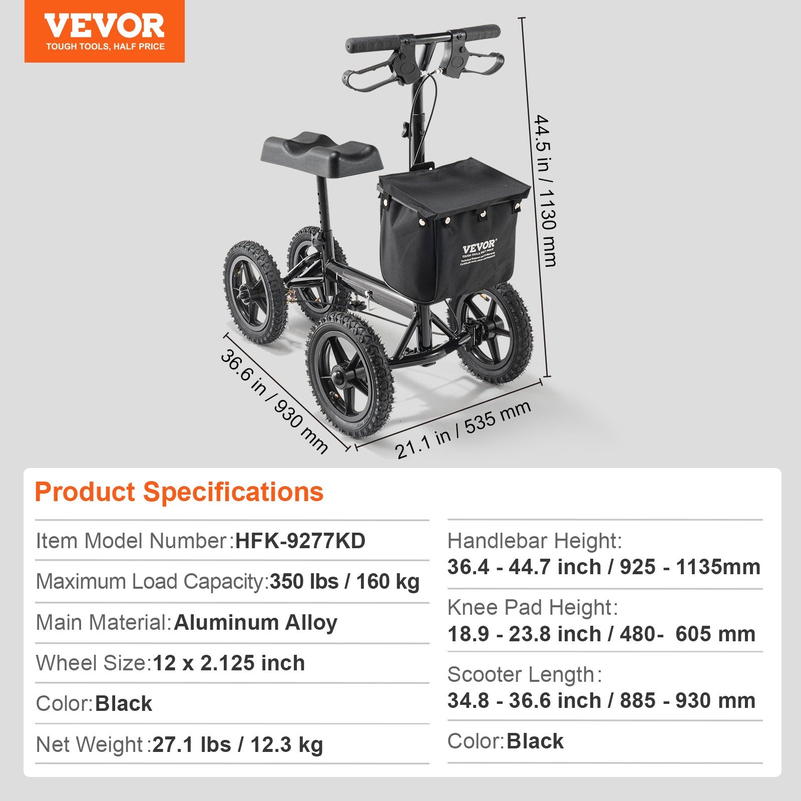 Mobility & Accessibility: VEVOR Folding Knee Scooter, Aluminum Steerable Knee Walker with Height-Adjustable Handlebar & Knee Pad, 12" All-Terrain Wheels, Dual Brakes, Leg Recovery Scooter for Broken Ankle Foot Injuries, 159KG