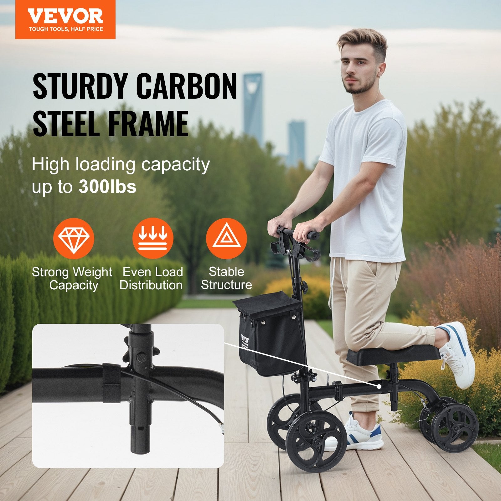 Mobility & Accessibility: VEVOR Folding Knee Scooter, Carbon Steel Steerable Knee Walker with Height-Adjustable Handlebar & Knee Pad, All-Terrain Solid Wheels, Dual Brakes, Leg Recovery Scooter for Broken Ankle Foot Injuries