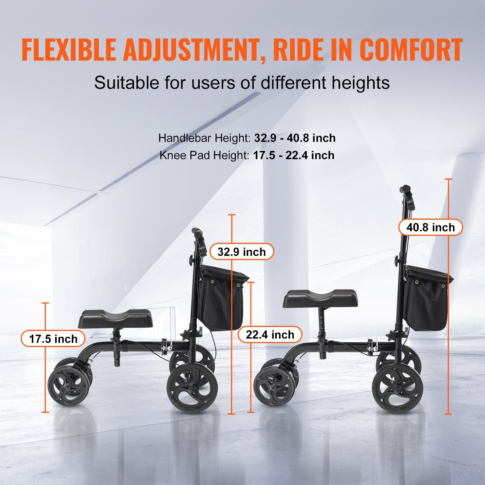 Mobility & Accessibility: VEVOR Folding Knee Scooter, Carbon Steel Steerable Knee Walker with Height-Adjustable Handlebar & Knee Pad, All-Terrain Solid Wheels, Dual Brakes, Leg Recovery Scooter for Broken Ankle Foot Injuries