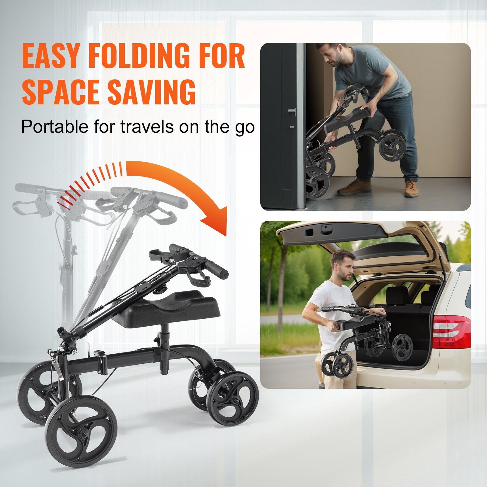 Mobility & Accessibility: VEVOR Folding Knee Scooter, Carbon Steel Steerable Knee Walker with Height-Adjustable Handlebar & Knee Pad, All-Terrain Solid Wheels, Dual Brakes, Leg Recovery Scooter for Broken Ankle Foot Injuries