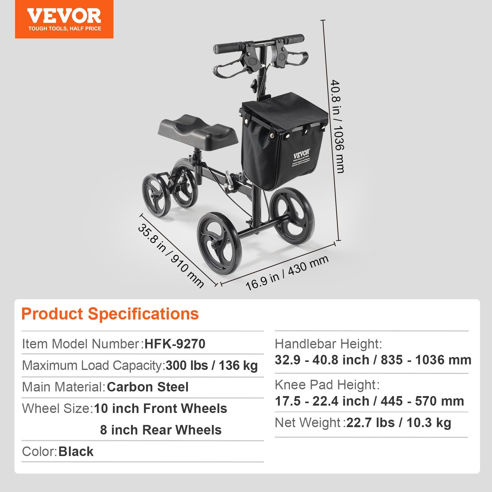 Mobility & Accessibility: VEVOR Folding Knee Scooter, Carbon Steel Steerable Knee Walker with Height-Adjustable Handlebar & Knee Pad, All-Terrain Solid Wheels, Dual Brakes, Leg Recovery Scooter for Broken Ankle Foot Injuries
