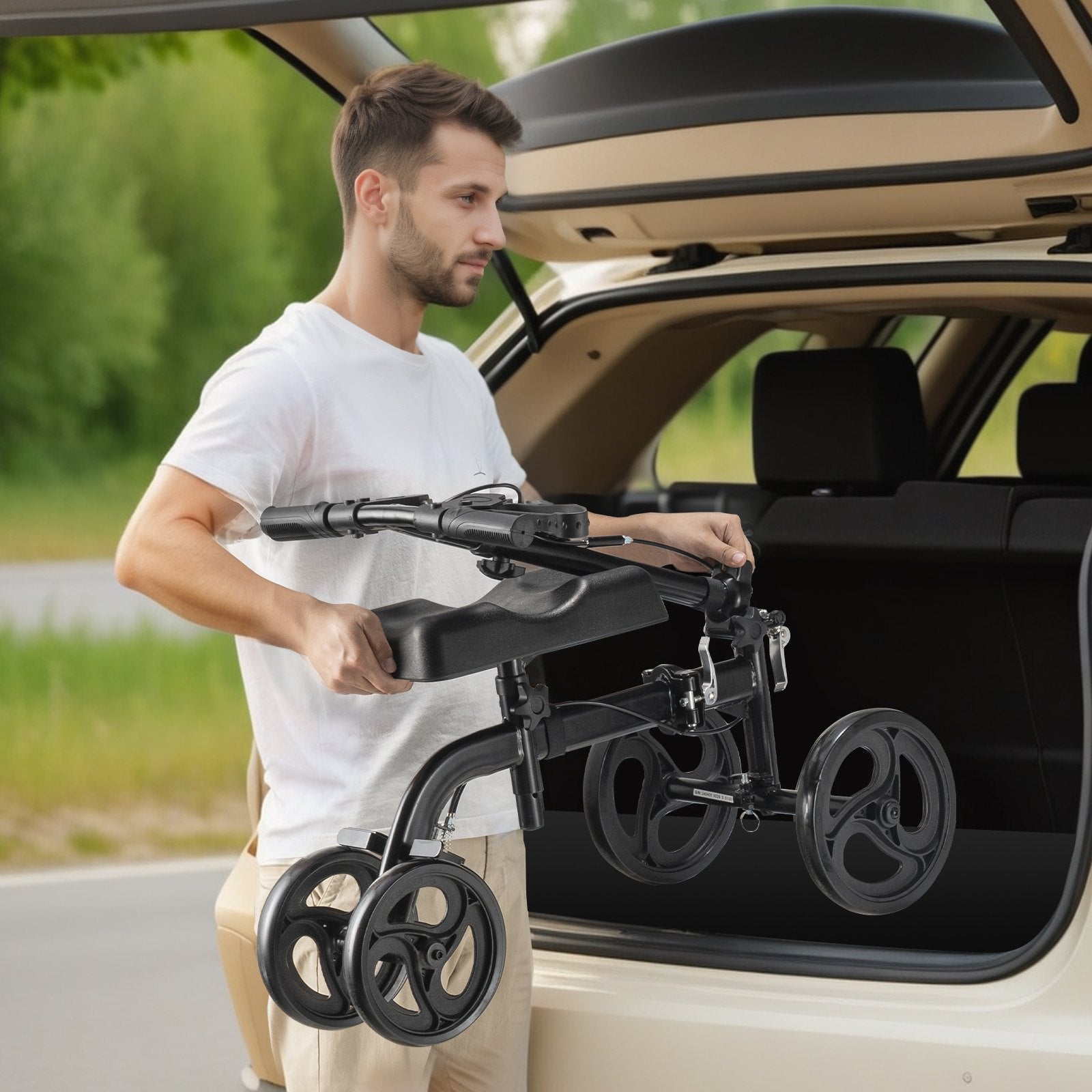 Mobility & Accessibility: VEVOR Folding Knee Scooter, Carbon Steel Steerable Knee Walker with Height-Adjustable Handlebar & Knee Pad, All-Terrain Solid Wheels, Dual Brakes, Leg Recovery Scooter for Broken Ankle Foot Injuries