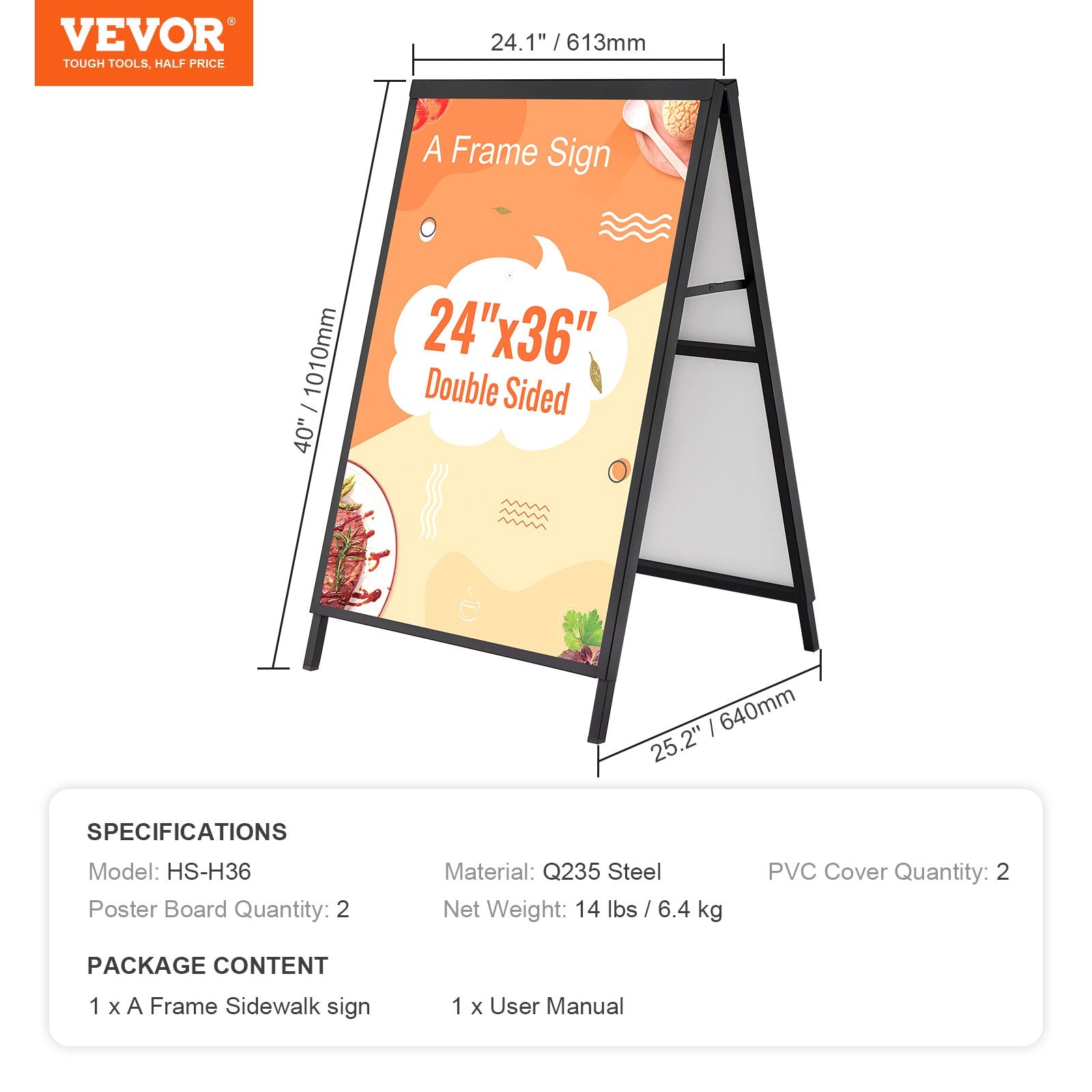 A Frame Sidewalk Sign, 61x91cm Heavy Duty Slide-in Signboard Holder, Double-Sided Folding Sandwich Board Signs, Steel Pavement Sign Poster for Outdoor Business Street Advertising (Frame only)