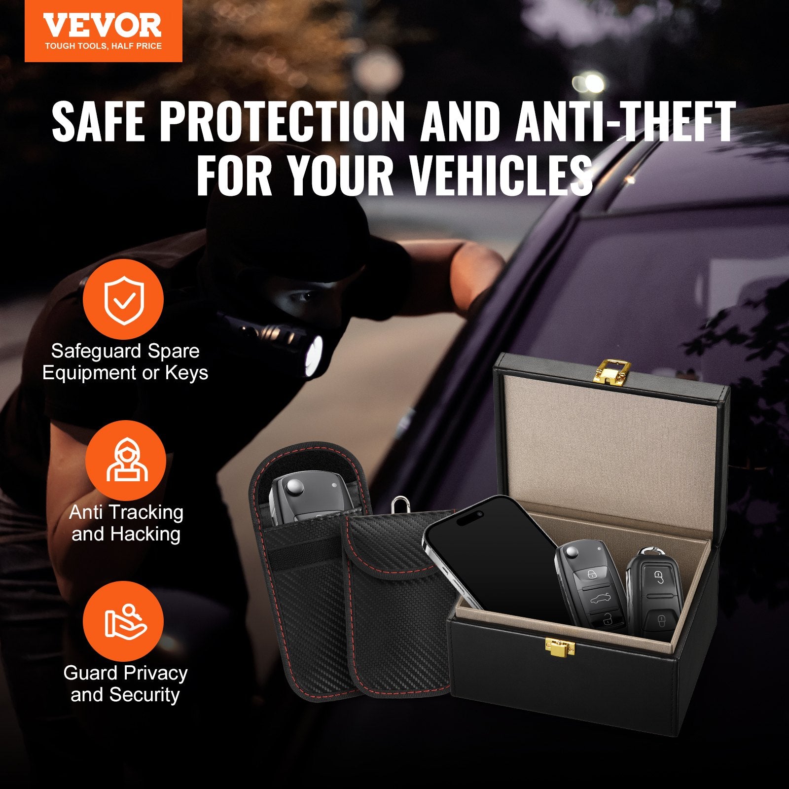 Bicycle Stands & Storage: VEVOR Faraday Box Signal Blocking Holder for 5~8 Car Keys with 2 Key Bags Black