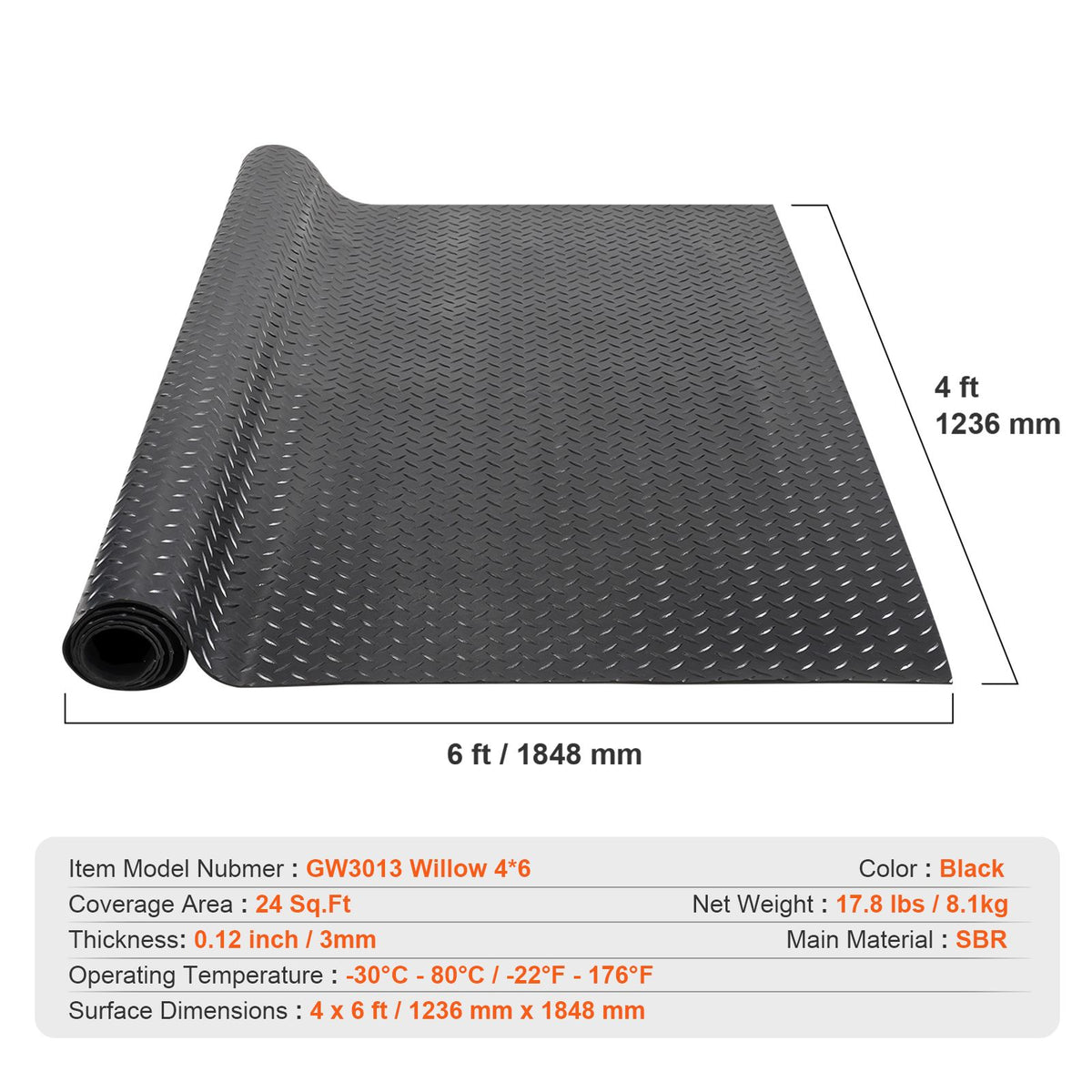 Diamond-Plate Rubber Flooring Roll, 3 mm x 4 ft x 6 ft Garage Floor Mat, SBR Rubber Garage Flooring Roll, Easy to Clean, Diamond Plate Rubber Mat for Under Cars, Garage Industry Gym, Black