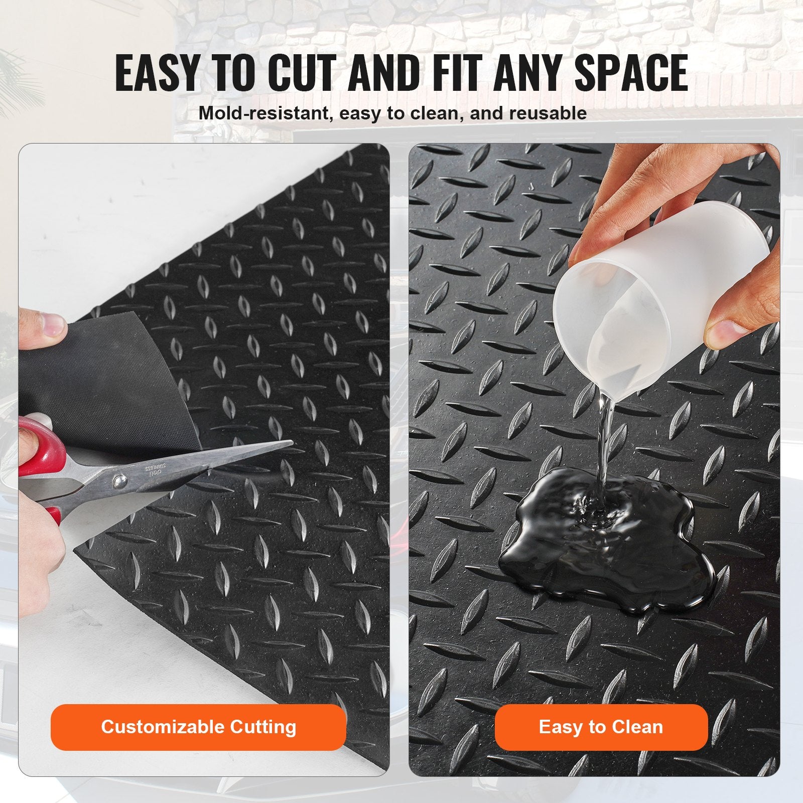 Dog Playpens & Gates: VEVOR Diamond-Plate Rubber Flooring Roll, 3 mm x 4 ft x 8 ft Garage Floor Mat, SBR Rubber Garage Flooring Roll, Easy to Clean, Diamond Plate Rubber Mat for Under Cars, Garage Industry Gym, Black