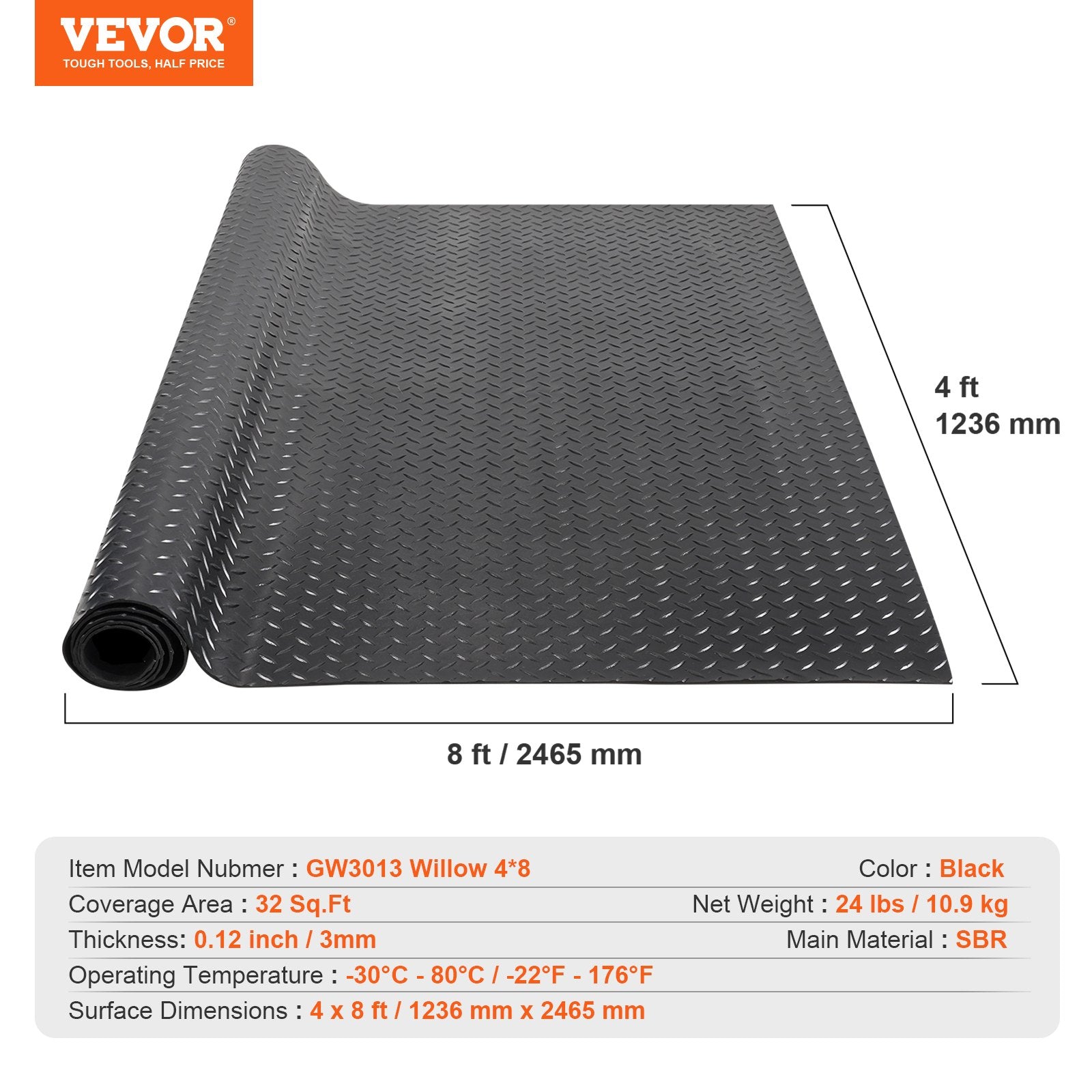 Dog Playpens & Gates: VEVOR Diamond-Plate Rubber Flooring Roll, 3 mm x 4 ft x 8 ft Garage Floor Mat, SBR Rubber Garage Flooring Roll, Easy to Clean, Diamond Plate Rubber Mat for Under Cars, Garage Industry Gym, Black