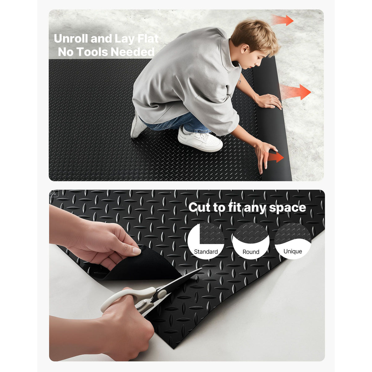Garage Floor Roll, 1.22 x 7.62 m Garage Flooring Mat, 3 mm Thickened Rubber Diamond Plate Floor Protector Mat, Non-Slip, Wear-resist Waterproof, Easy to Clean for Warehouse, Gyms, Trailer, Black
