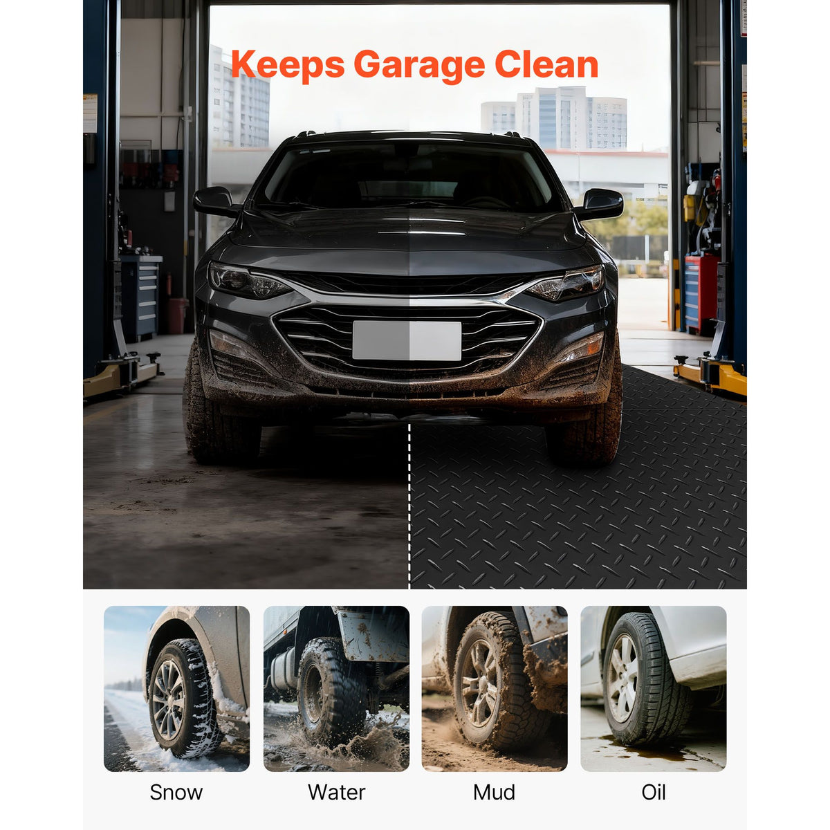 Garage Floor Roll, 1.22 x 7.62 m Garage Flooring Mat, 3 mm Thickened Rubber Diamond Plate Floor Protector Mat, Non-Slip, Wear-resist Waterproof, Easy to Clean for Warehouse, Gyms, Trailer, Black