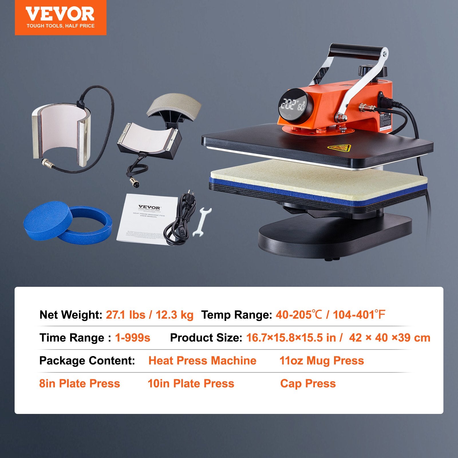 Heat Press Machine 12x15in 5in1 Sublimation Transfer T-shirt Plate Mug Cup