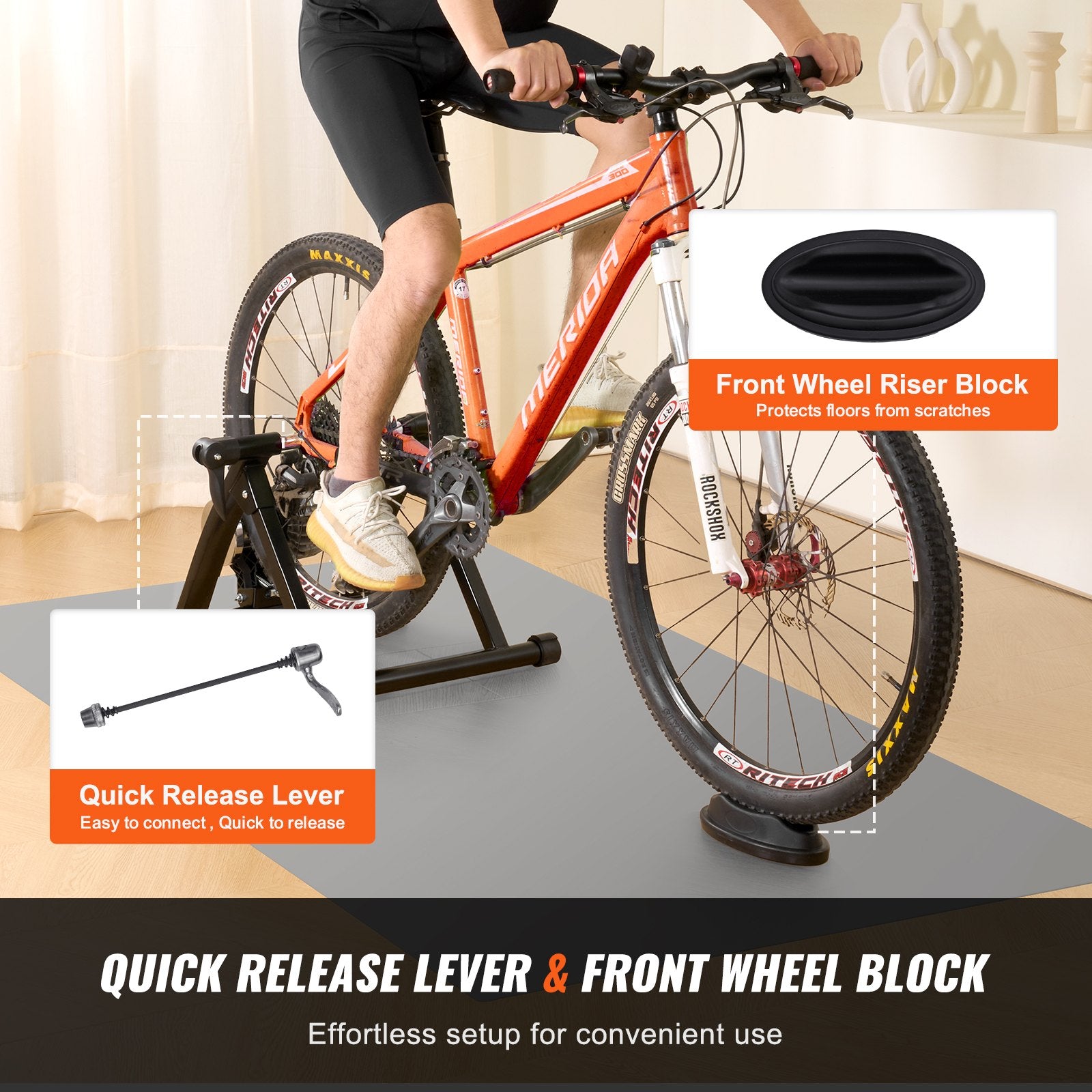 Bicycle Parts: VEVOR Bike Trainer Stand, Fluid Stationary Bike Stand for 26"-29" Wheels, Noise Reduction Fluid Flywheel, Portable Cycling Stand for Indoor Riding Exercise, with Quick-Release Lever & Front Wheel Rise