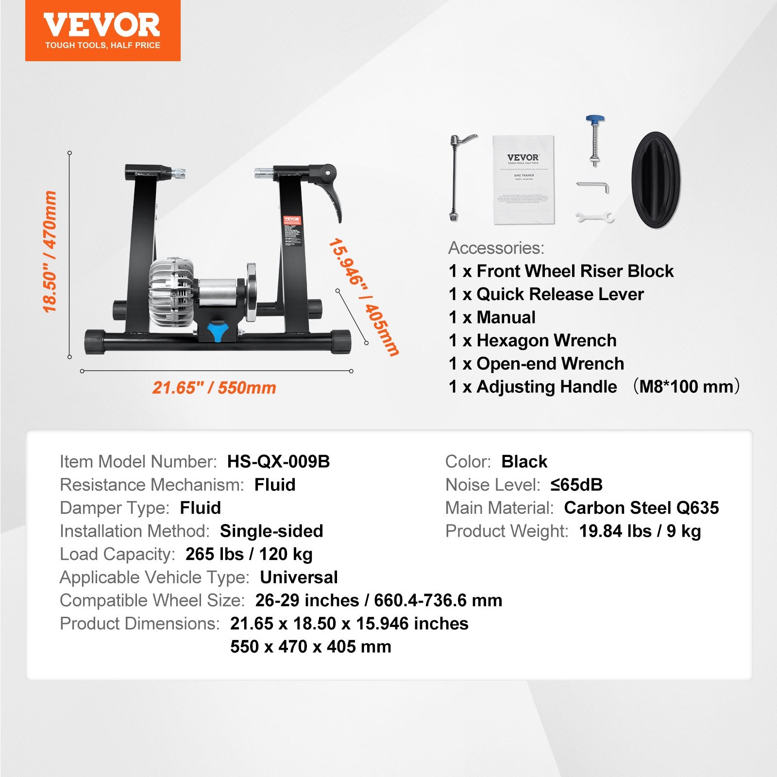 Bicycle Parts: VEVOR Bike Trainer Stand, Fluid Stationary Bike Stand for 26"-29" Wheels, Noise Reduction Fluid Flywheel, Portable Cycling Stand for Indoor Riding Exercise, with Quick-Release Lever & Front Wheel Rise
