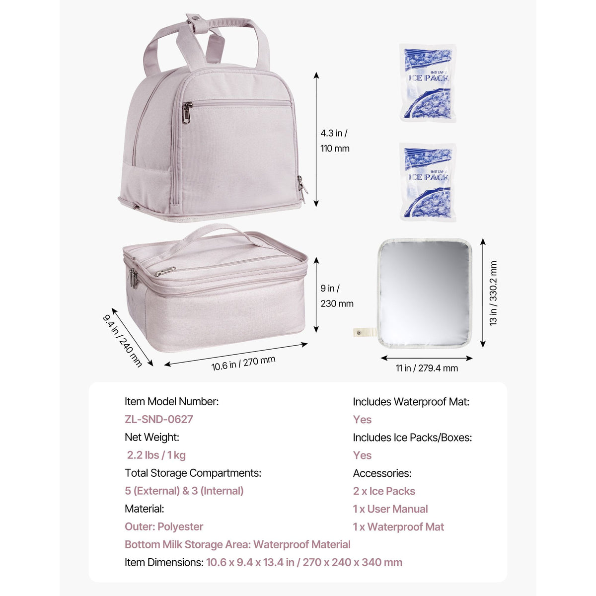 Breast Pump Backpack, Breast Feeding Bag with Ice Pack, Fits for S1/S2, Pumping Accessories & Breastmilk Storage, Portable Pump Carrying Case for Work, Travel and Family Use, Light Pink