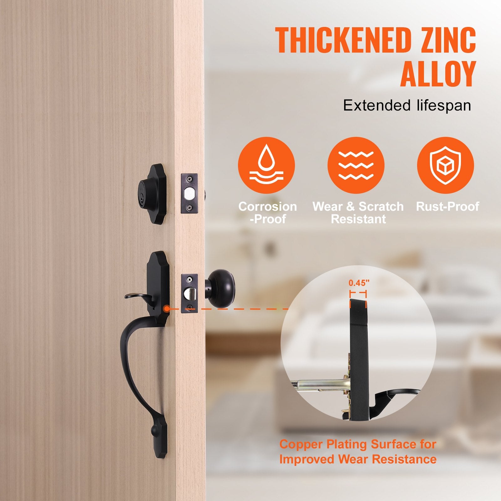 Door Hardware: VEVOR Front Door Handle and Deadbolt Set, Matte Black Front Door Lock Set with Interior Knob, Single Cylinder Handleset Adjustable Hole Spacing, for Right and Left Handed Entrance and Front Door
