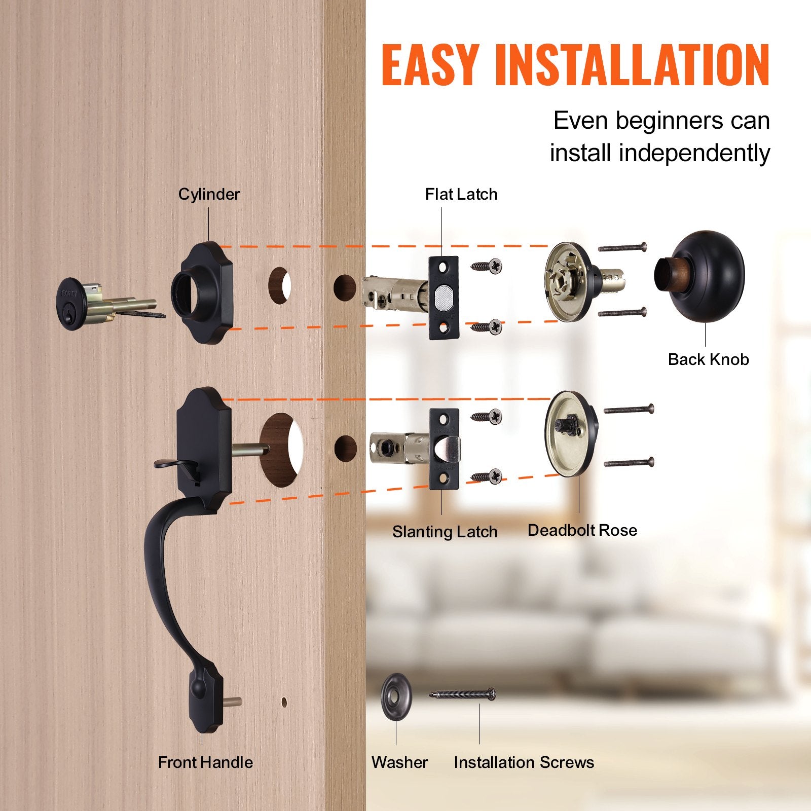 Door Hardware: VEVOR Front Door Handle and Deadbolt Set, Matte Black Front Door Lock Set with Interior Knob, Single Cylinder Handleset Adjustable Hole Spacing, for Right and Left Handed Entrance and Front Door