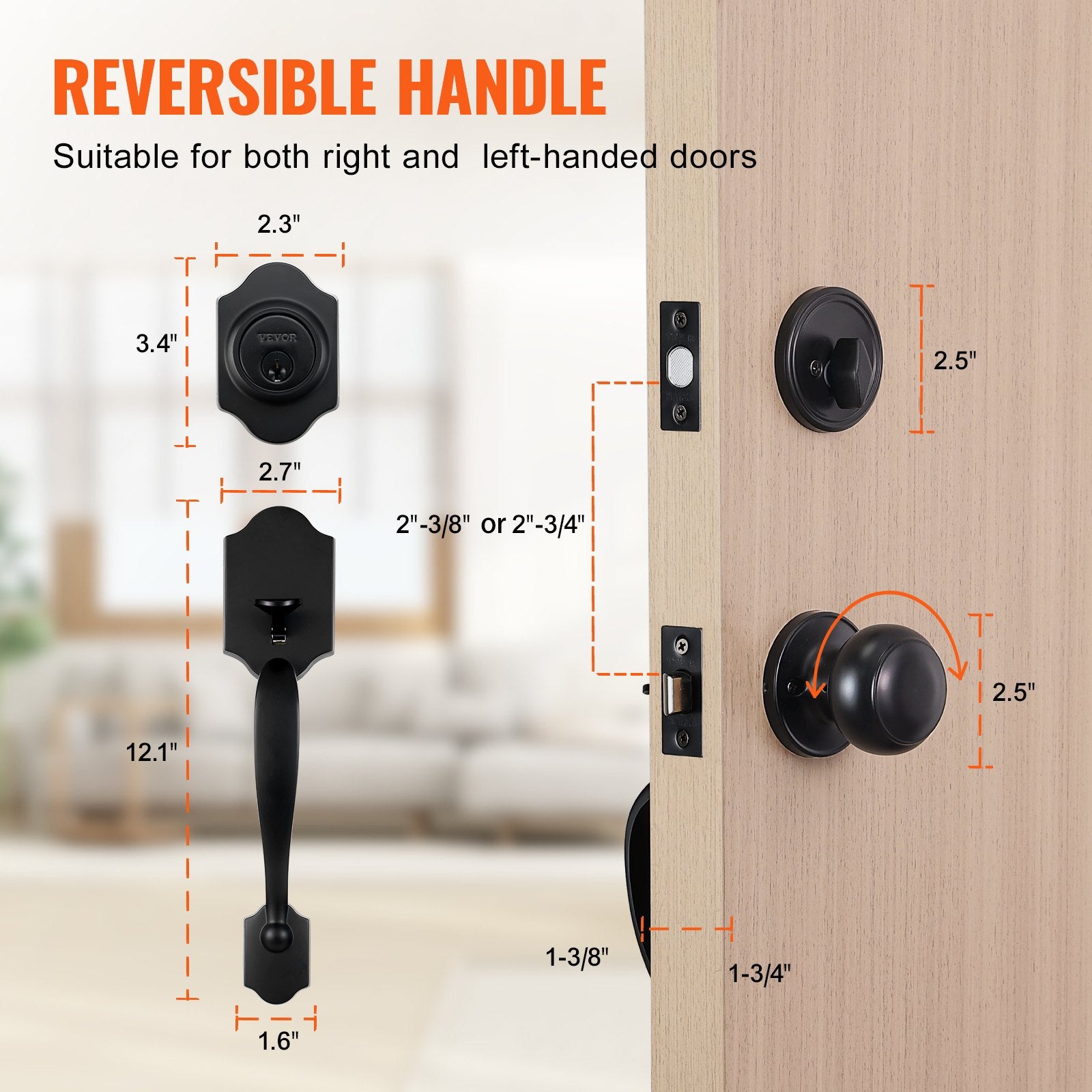 Door Hardware: VEVOR Front Door Handle and Deadbolt Set, Matte Black Front Door Lock Set with Interior Knob, Single Cylinder Handleset Adjustable Hole Spacing, for Right and Left Handed Entrance and Front Door