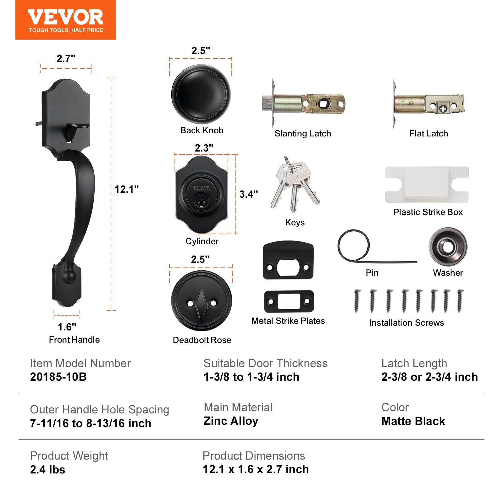 Door Hardware: VEVOR Front Door Handle and Deadbolt Set, Matte Black Front Door Lock Set with Interior Knob, Single Cylinder Handleset Adjustable Hole Spacing, for Right and Left Handed Entrance and Front Door