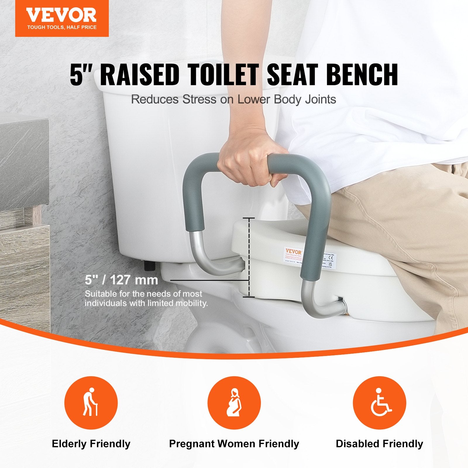 Mobility & Accessibility: VEVOR Raised Toilet Seat, 5" Height Raised, 350 lbs Weight Capacity, for Round and Elongated Toilet, Twist Lock Installation,19.1" - 21.7" Adjustable Width, for Elderly, Handicap, Patient, Pregnant, M