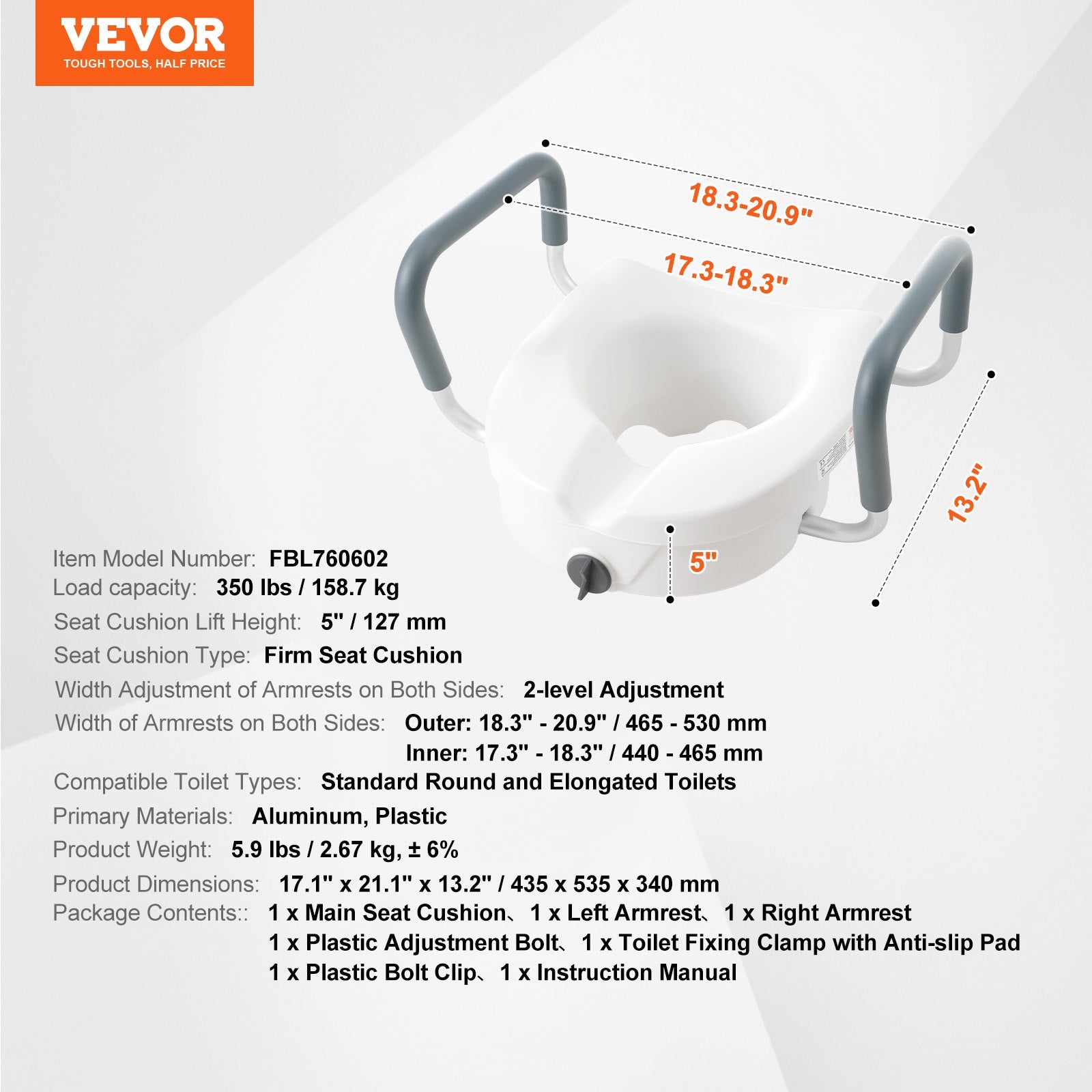 Mobility & Accessibility: VEVOR Raised Toilet Seat, 5" Height Raised, 350 lbs Weight Capacity, for Round and Elongated Toilet, Twist Lock Installation,19.1" - 21.7" Adjustable Width, for Elderly, Handicap, Patient, Pregnant, M