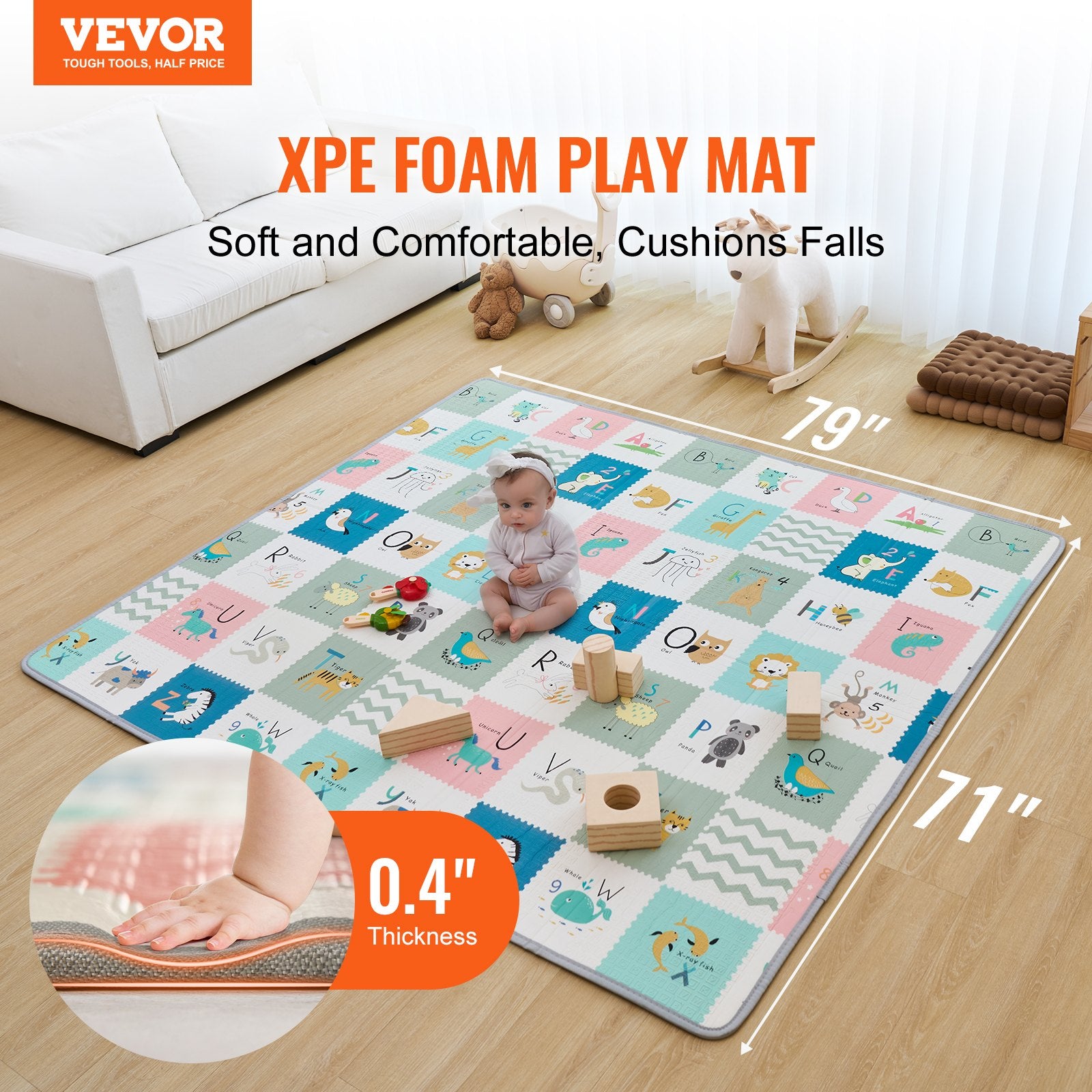 Ball Pits & Play Pens: VEVOR Baby Play Mat, 71""x79"" Extra Large Baby Crawling Mat, Non-Slip One-Piece Foam Baby Playmat, Foldable Reversible Floor Mat with Travel Bag, Waterproof Activity Playmat for Babies Toddlers Infants