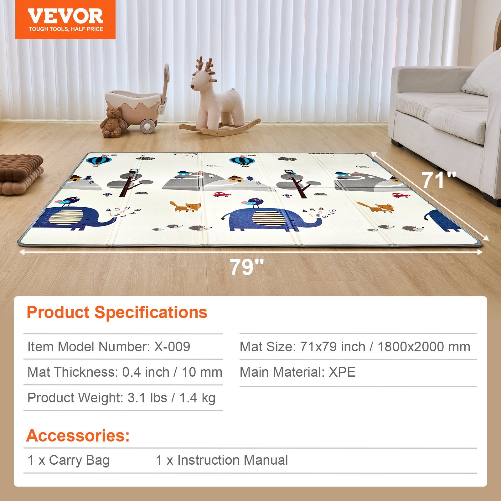 Ball Pits & Play Pens: VEVOR Baby Play Mat, 71""x79"" Extra Large Baby Crawling Mat, Non-Slip One-Piece Foam Baby Playmat, Foldable Reversible Floor Mat with Travel Bag, Waterproof Activity Playmat for Babies Toddlers Infants