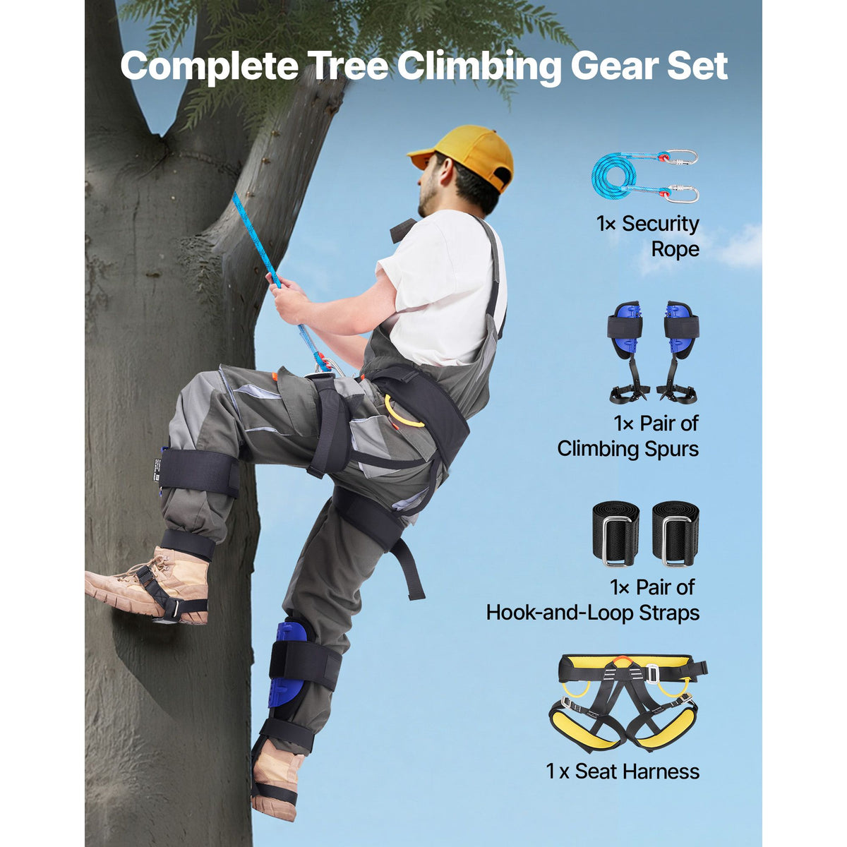 Tree Climbing Spikes Set, Height-Adjustable Tree Climbing Gear with Straps & Harness, 159 kg Load Capacity, Heavy Duty Steel Climb Spurs Arborist Equipment for Fruit Picking Hunting