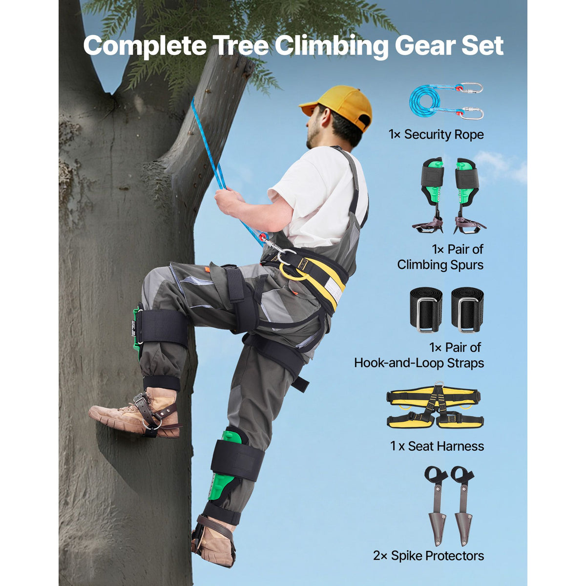 Tree Climbing Spikes Set, Height-Adjustable Tree Climbing Gear with Straps & Spike Protectors, 159 kg Load Capacity, Heavy Duty Steel Climb Spurs Arborist Equipment for Fruit Picking Hunting