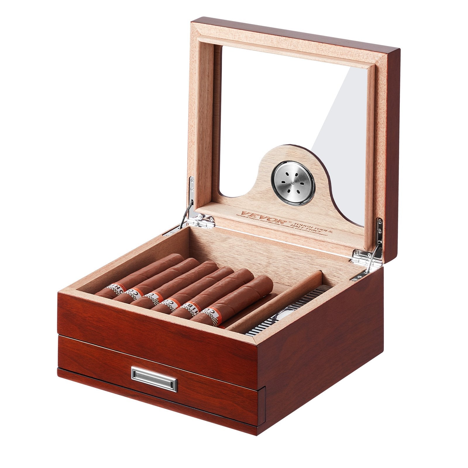 Cigar Humidor, Glass Top Cigar Humidor Box, Handmade Spanish Cedar Wood Cigar Desktop Box, Cigar Storage Case with Humidifier, Hygrometer, Divider and Accessory Drawer, 20-35 Cigars