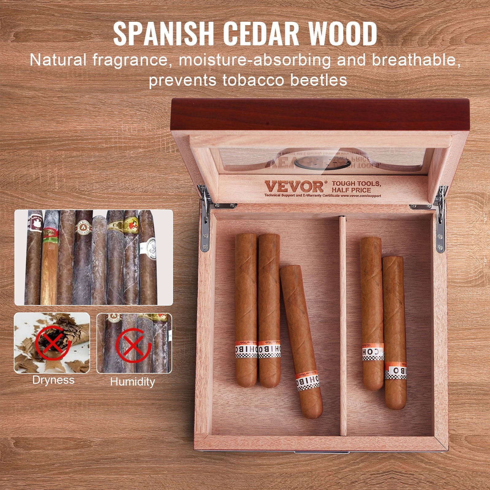 Cigar Humidor, Glass Top Cigar Humidor Box, Handmade Spanish Cedar Wood Cigar Desktop Box, Cigar Storage Case with Humidifier, Hygrometer, Divider and Accessory Drawer, 20-35 Cigars