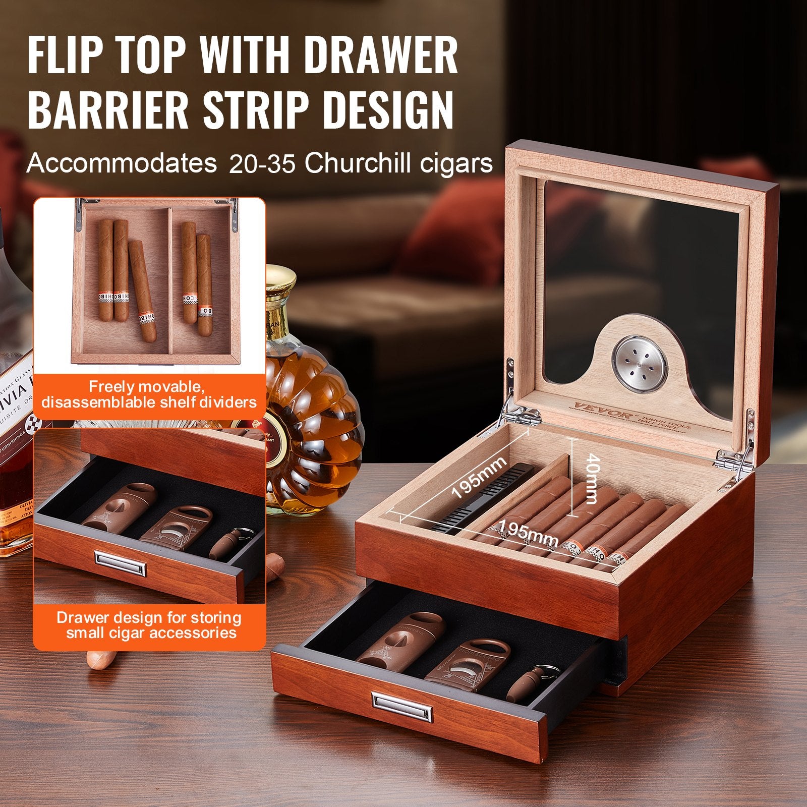Cigar Humidor, Glass Top Cigar Humidor Box, Handmade Spanish Cedar Wood Cigar Desktop Box, Cigar Storage Case with Humidifier, Hygrometer, Divider and Accessory Drawer, 20-35 Cigars