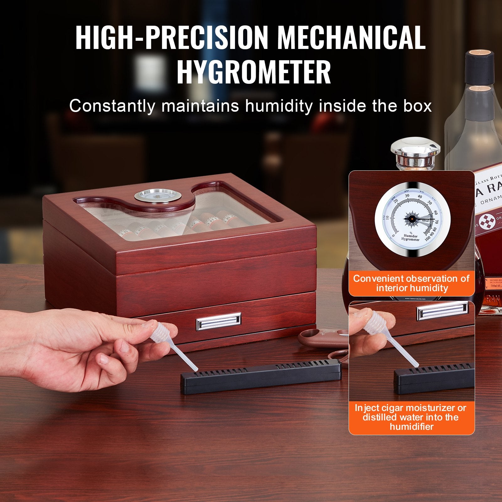 Cigar Humidor, Glass Top Cigar Humidor Box, Handmade Spanish Cedar Wood Cigar Desktop Box, Cigar Storage Case with Humidifier, Hygrometer, Divider and Accessory Drawer, 20-35 Cigars