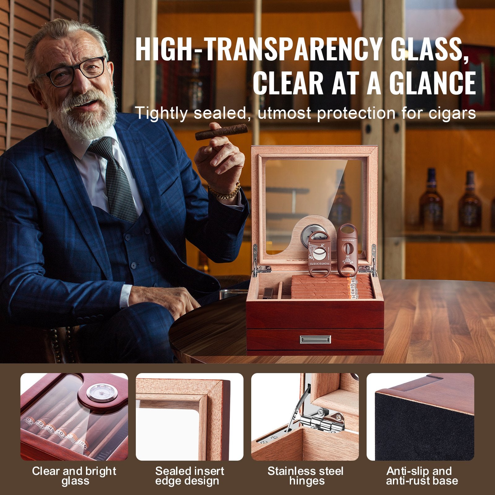 Cigar Humidor, Glass Top Cigar Humidor Box, Handmade Spanish Cedar Wood Cigar Desktop Box, Cigar Storage Case with Humidifier, Hygrometer, Divider and Accessory Drawer, 20-35 Cigars