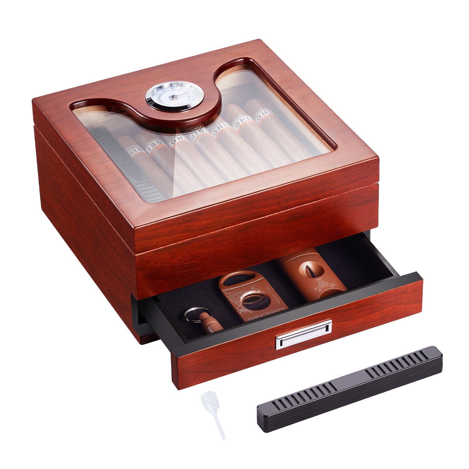 Cigar Humidor, Glass Top Cigar Humidor Box, Handmade Spanish Cedar Wood Cigar Desktop Box, Cigar Storage Case with Humidifier, Hygrometer, Divider and Accessory Drawer, 20-35 Cigars