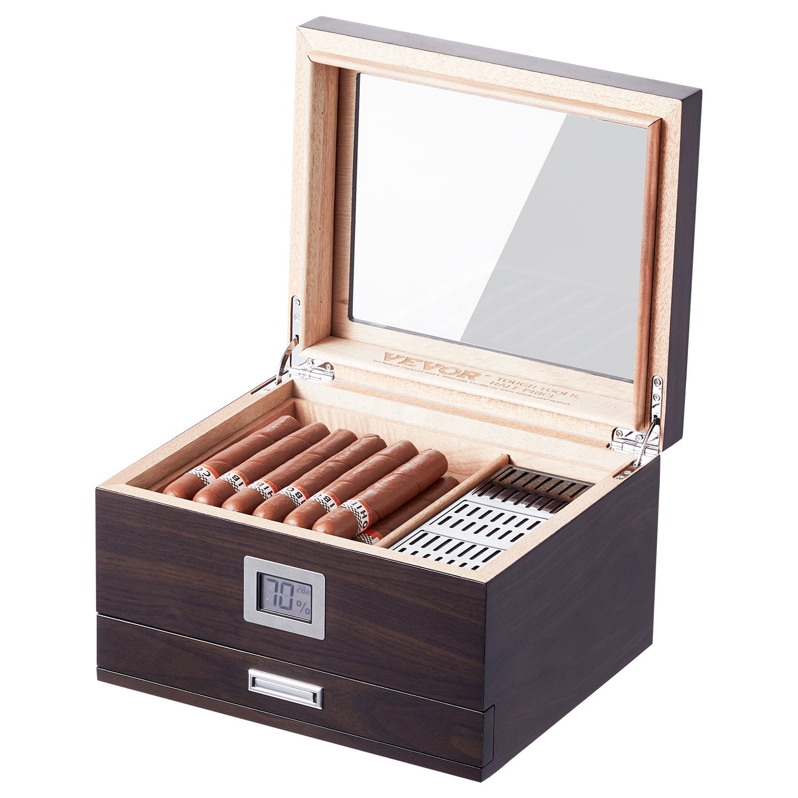 50 Cigar Humidor Glasstop Cedar Cigar Box Humidifier & Hygrometer & Drawer