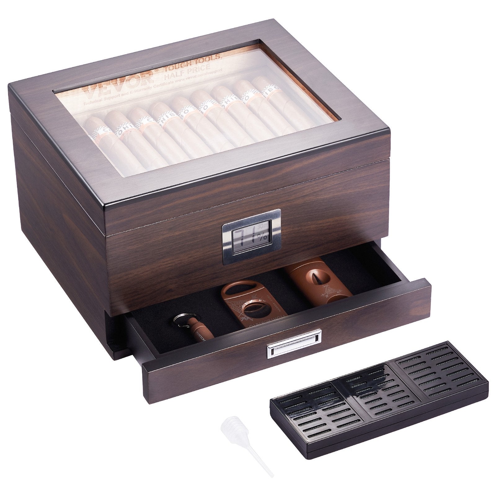 50 Cigar Humidor Glasstop Cedar Cigar Box Humidifier & Hygrometer & Drawer