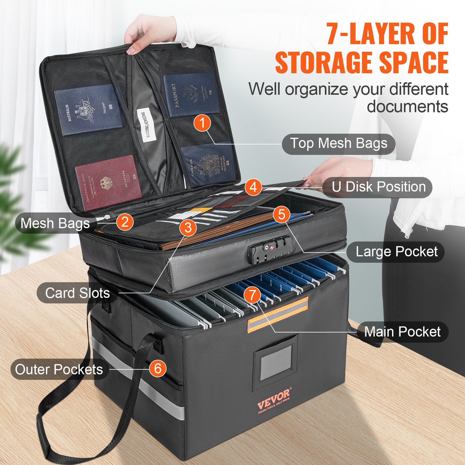 Cosmetic & Toiletry Bags: VEVOR Fireproof Document Box, Fireproof Document Bag with Lock 2000_, Fireproof and Waterproof File Box 450x140x315 mm with Zipper & Handle, for Money, Documents, Jewelry and Passport