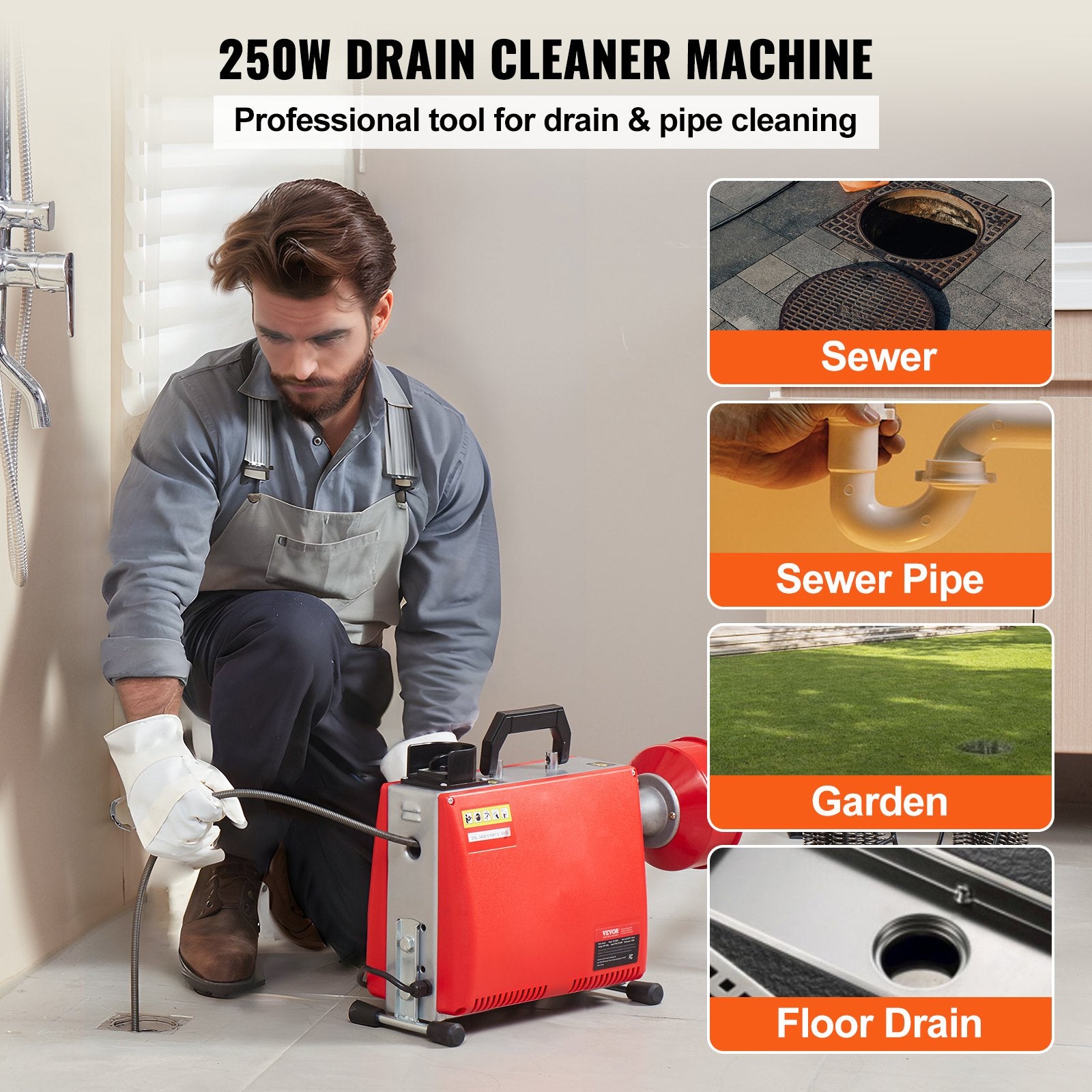 Gardening Tools: VEVOR Drain Cleaner Machine 66FT x 5/8" 250W Sewer Snake Auger Manual Feed